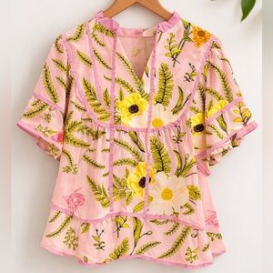 Pink Floral Boho Blouse Ruffle Sleeve Peplum Top Medium